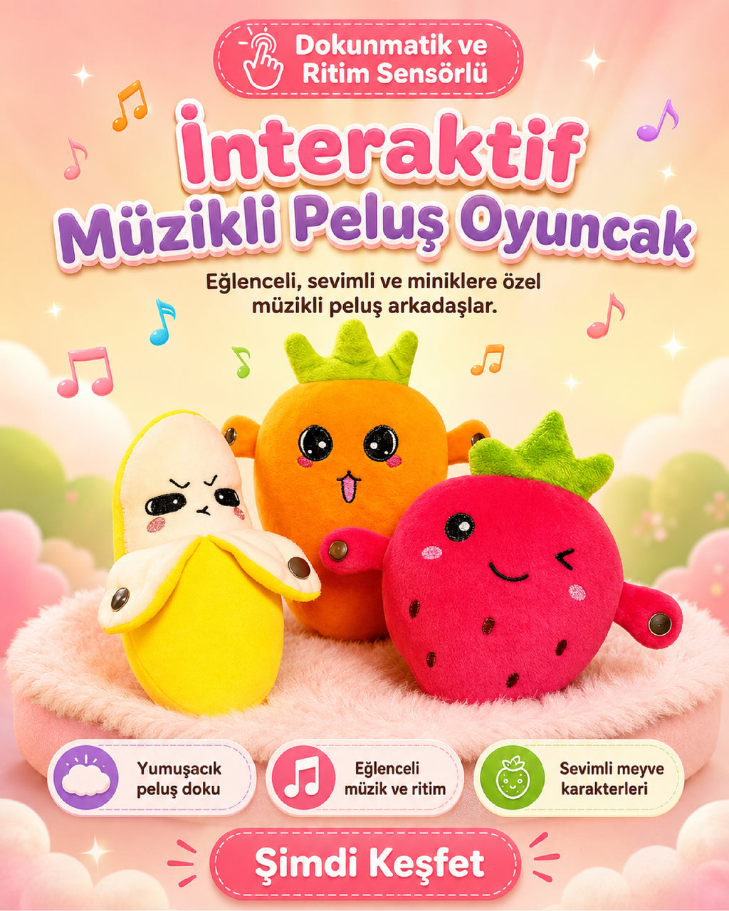 Meyve Figürlü İnteraktif Peluş Oyuncak